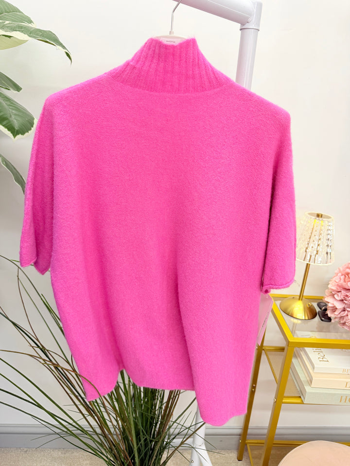 Ladies Fashion High Neck Soft Knit Short Sleeve Jumper fuschia pink