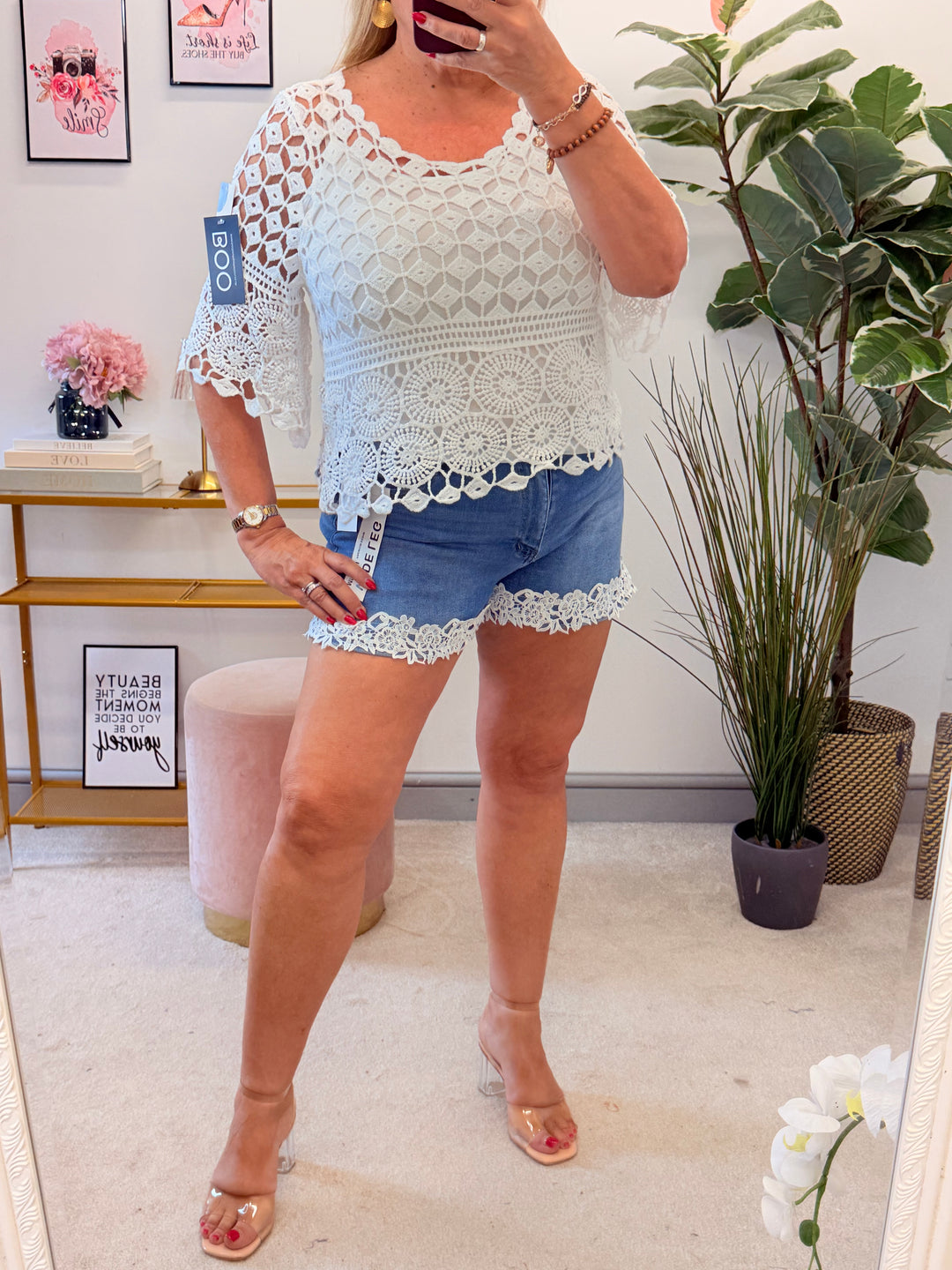 Ladies Denim Blue Lace Edge Summer Shorts