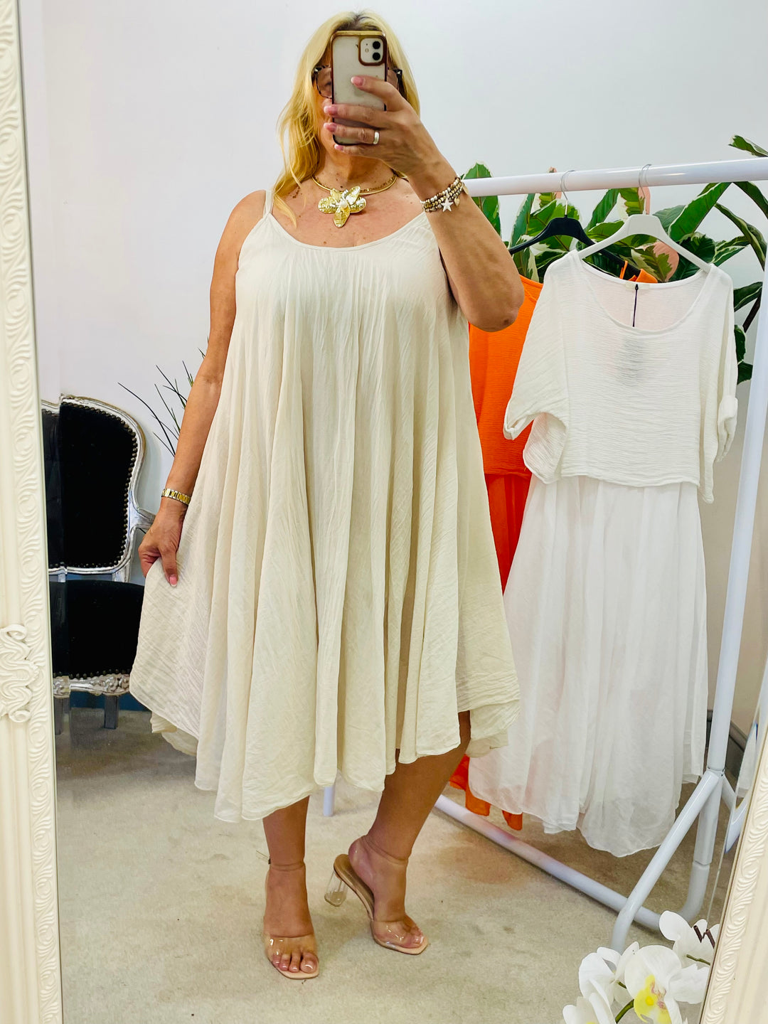 LADIES SUMMER HANKERCHIEF DRESS & CROP TOP SET - ORANGE, WHITE & BEIGE