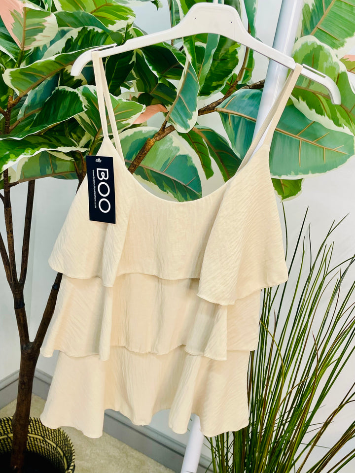 LADIES FRILL CAMI SUMMER TOP - WHITE, PALE BLUE, BROWN, NAVY & BEIGE