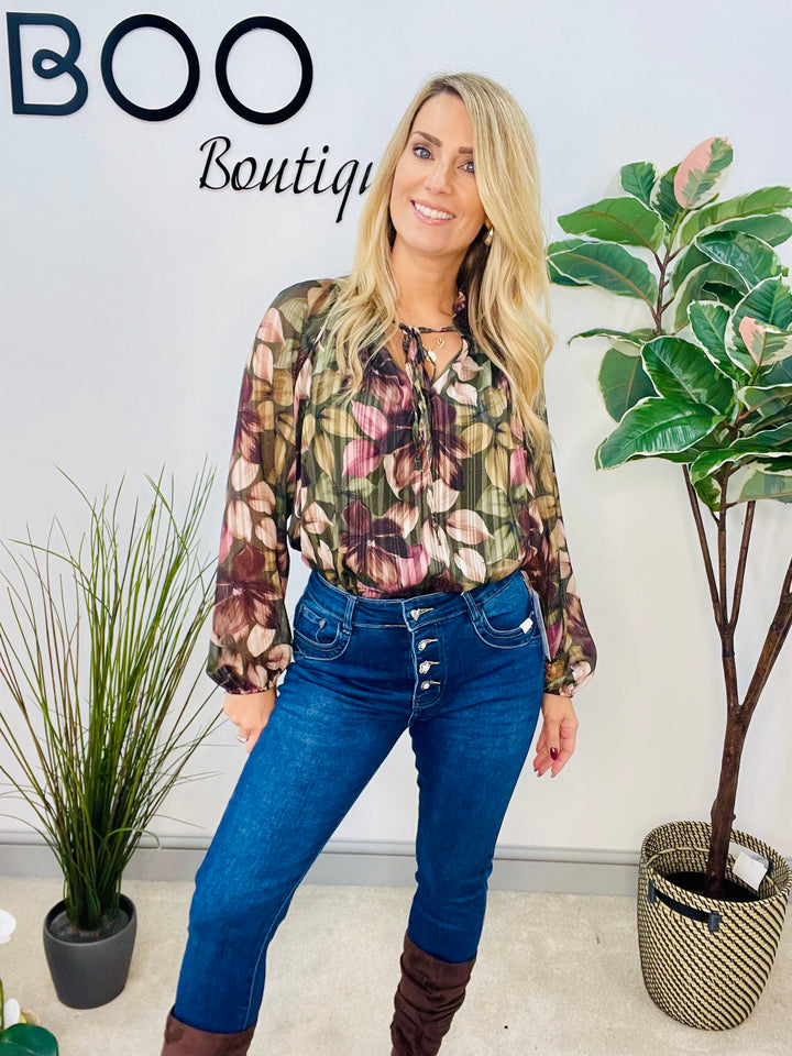 LADIES LEAF PRINT CHIFFON BLOUSE TOP - BROWN, BLACK & KHAKI