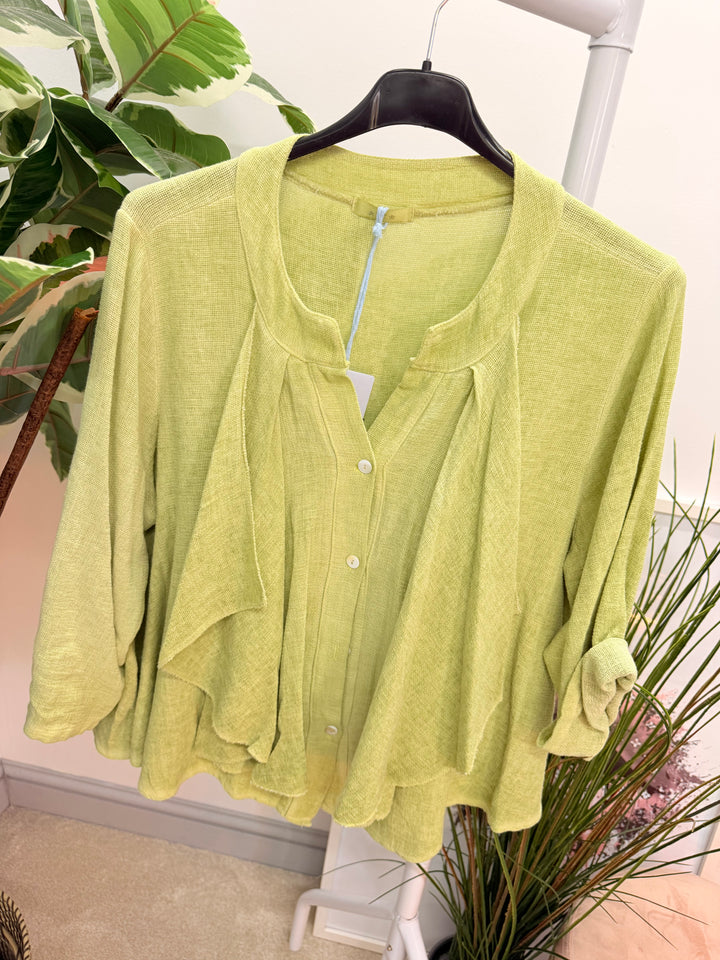 Ladies Fashion Waterfall Teabag Linen Top - lime, blue, turquoise, white, beige