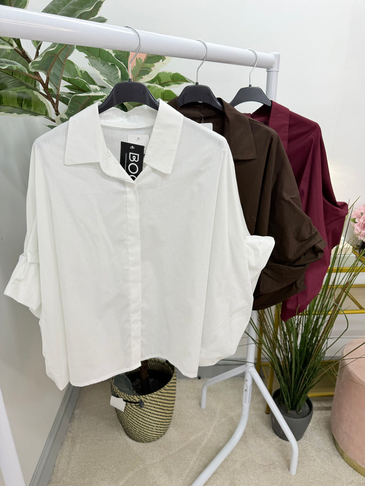 Women's Cotton Puff Sleeve Blouse Shirt Top - White, Burgundy & Brown