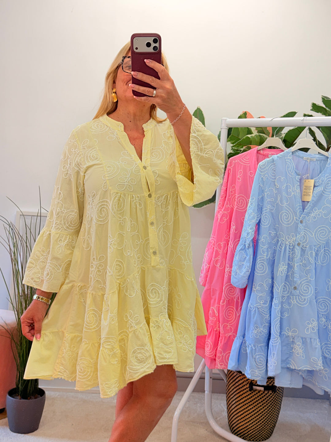 Ladies Cotton Swing Smock Summer Dress - pink, lemon, blue