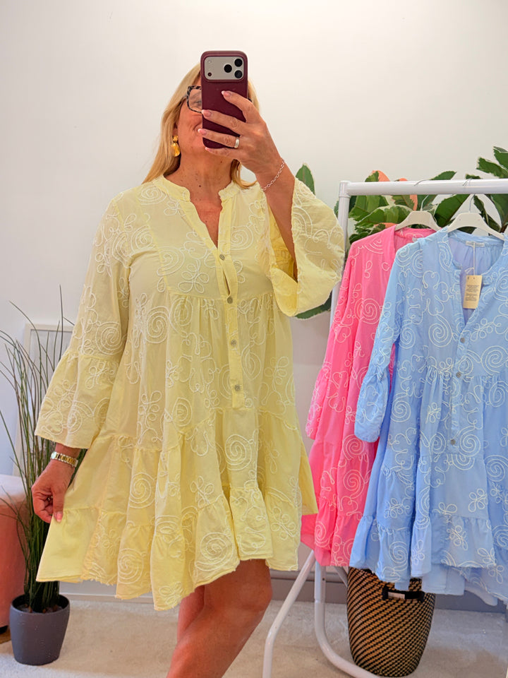 Ladies Cotton Swing Smock Summer Dress - pink, lemon, blue