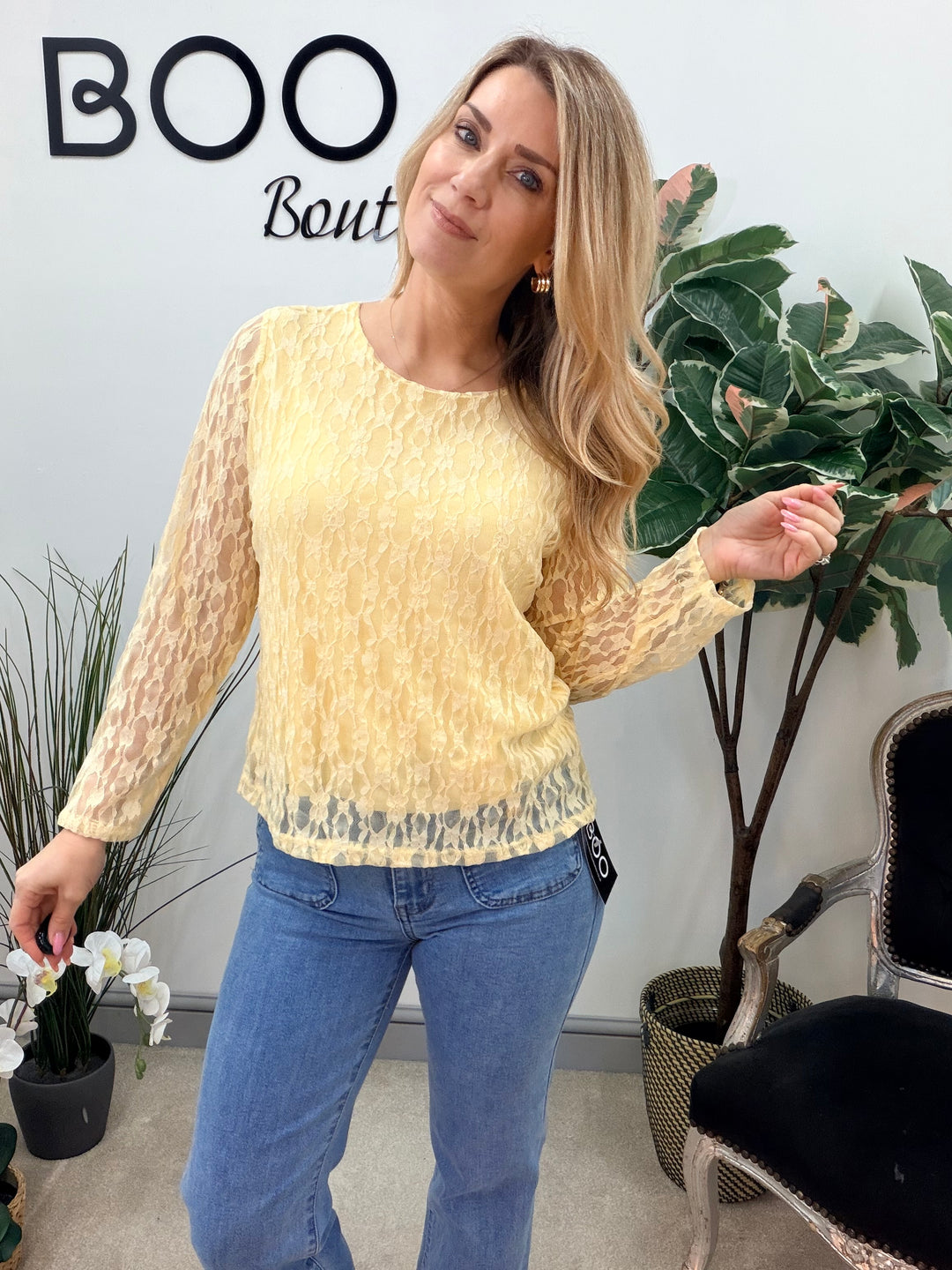 LADIES FASHION LACY LONG SLEEVE TOP - LEMON, WHITE, BLUE & PINK
