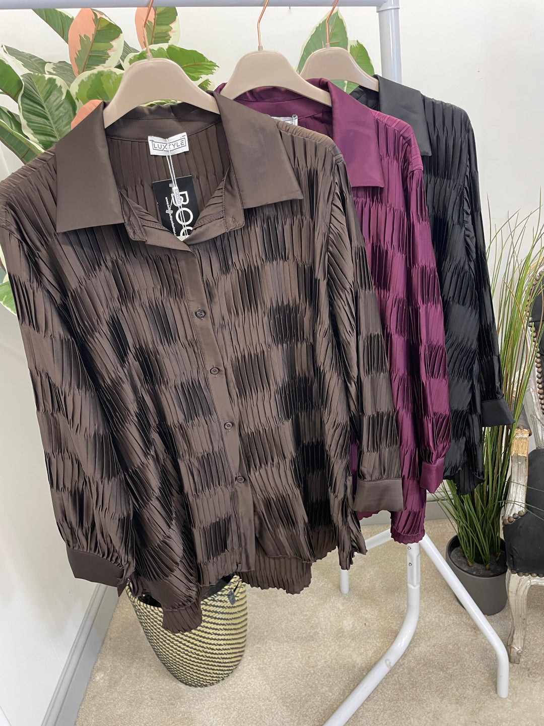 LADIES PLEATED OVERSIZE SHIRT BLOUSE - BLACK, PLUM & BROWN