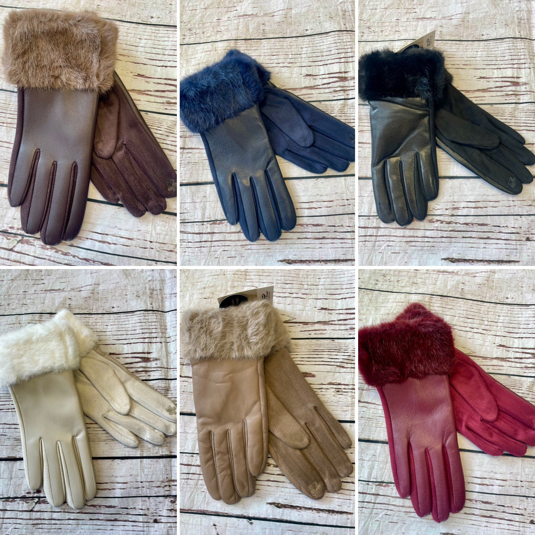 LADIES FAUX LEATHER & FUR GLOVES - BLACK, WINE, NAVY, BROWN, CREAM & MOCHA