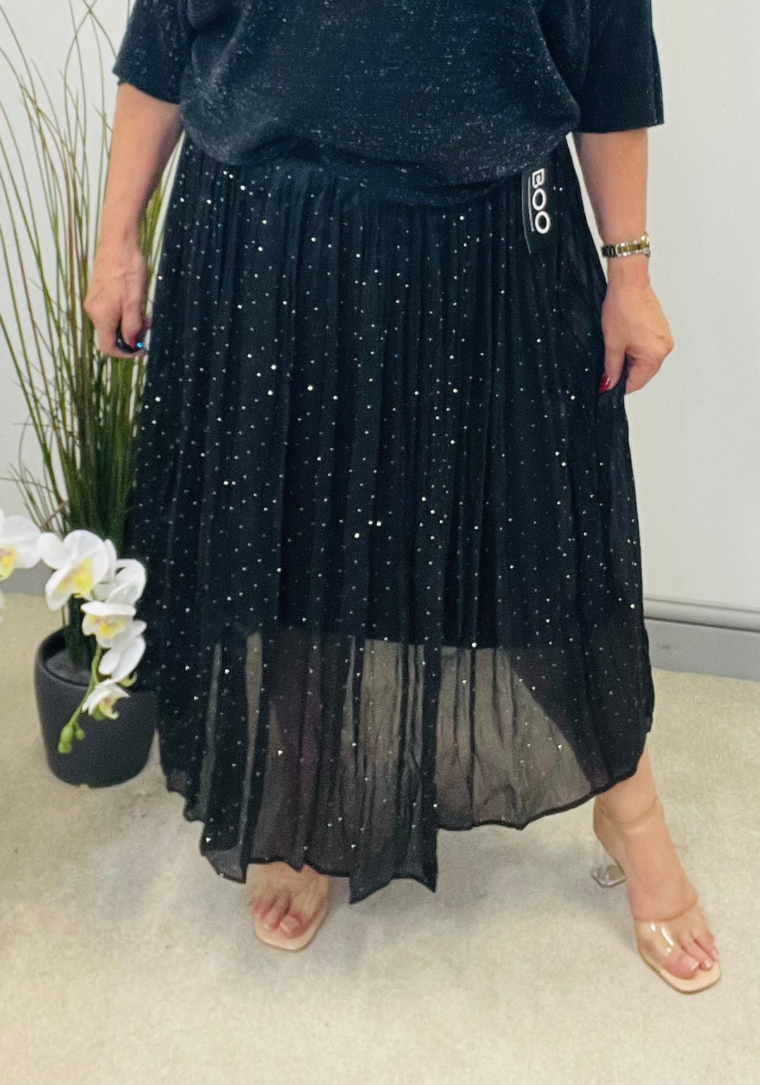 LADIES BLACK NET DIAMANTE MIDI FAIRY SKIRT