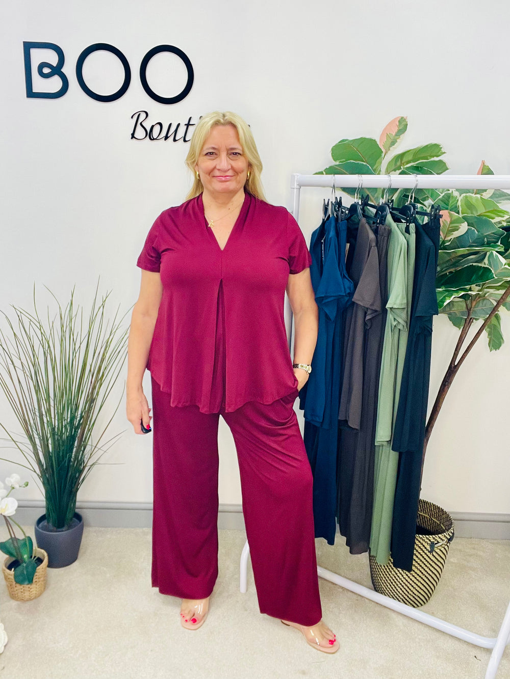 LADIES JERSEY WIDE LEG TROUSER CO ORD SET - NAVY, BURGUNDY, KHAKI, BLACK, BROWN