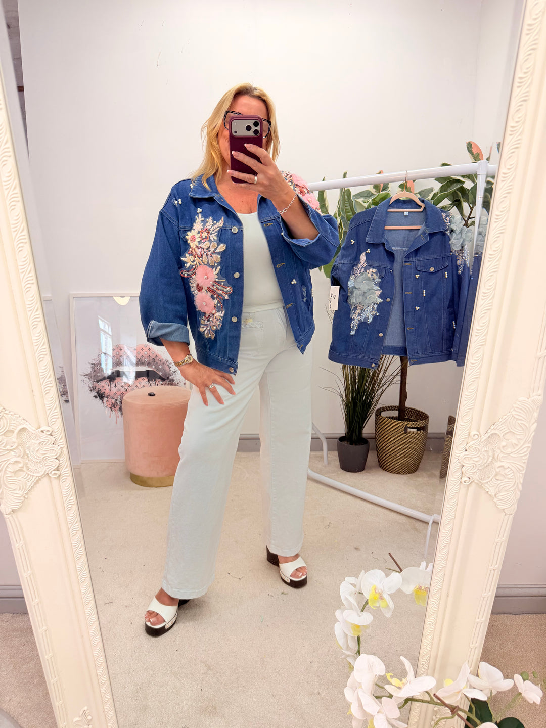 Ladies Blue Denim Applique Flower & Pearl Jacket - Pink & Mint