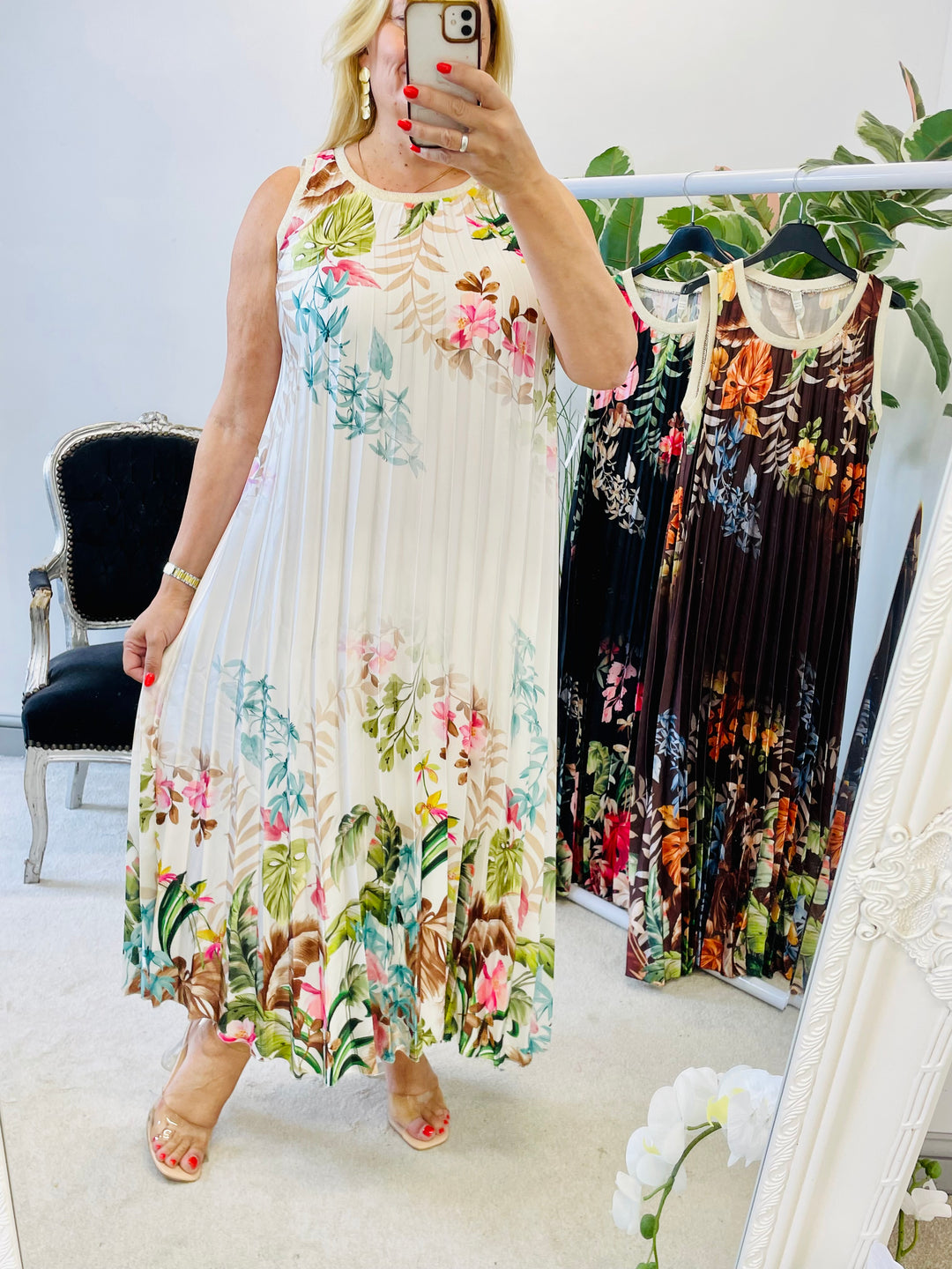 LADIES SATIN PLEATED SUMMER MAXI DRESS - BROWN, CREAM, BLACK