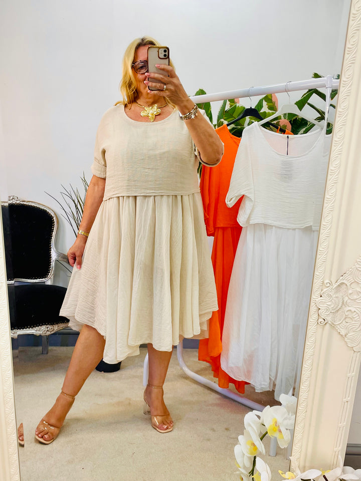 LADIES SUMMER HANKERCHIEF DRESS & CROP TOP SET - ORANGE, WHITE & BEIGE