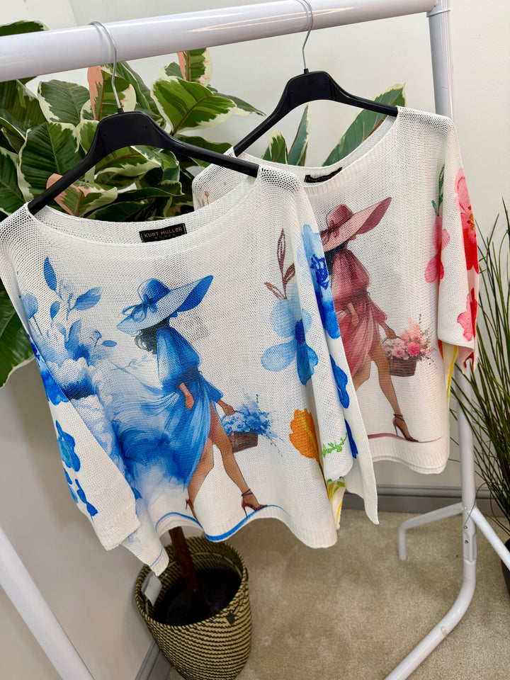 LADIES FASHION WHITE BATWING JUMPER - PINK & BLUE