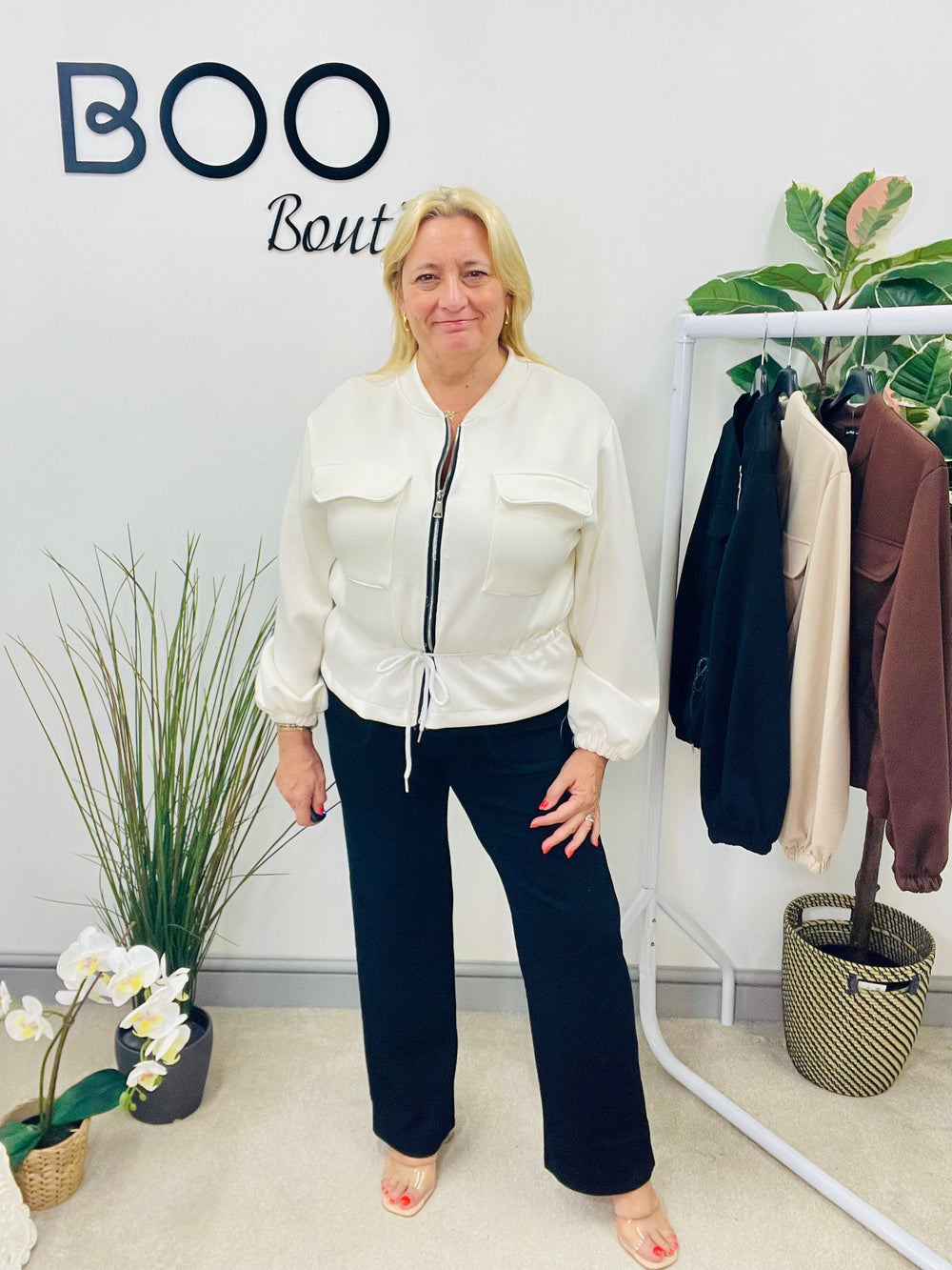 LADIES FASHION BOMBER JACKET - WHITE, BLACK, BEIGE, BROWN