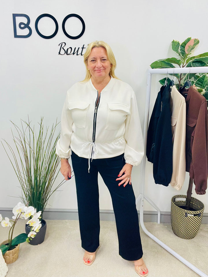 LADIES FASHION BOMBER JACKET - WHITE, BLACK, BEIGE, BROWN