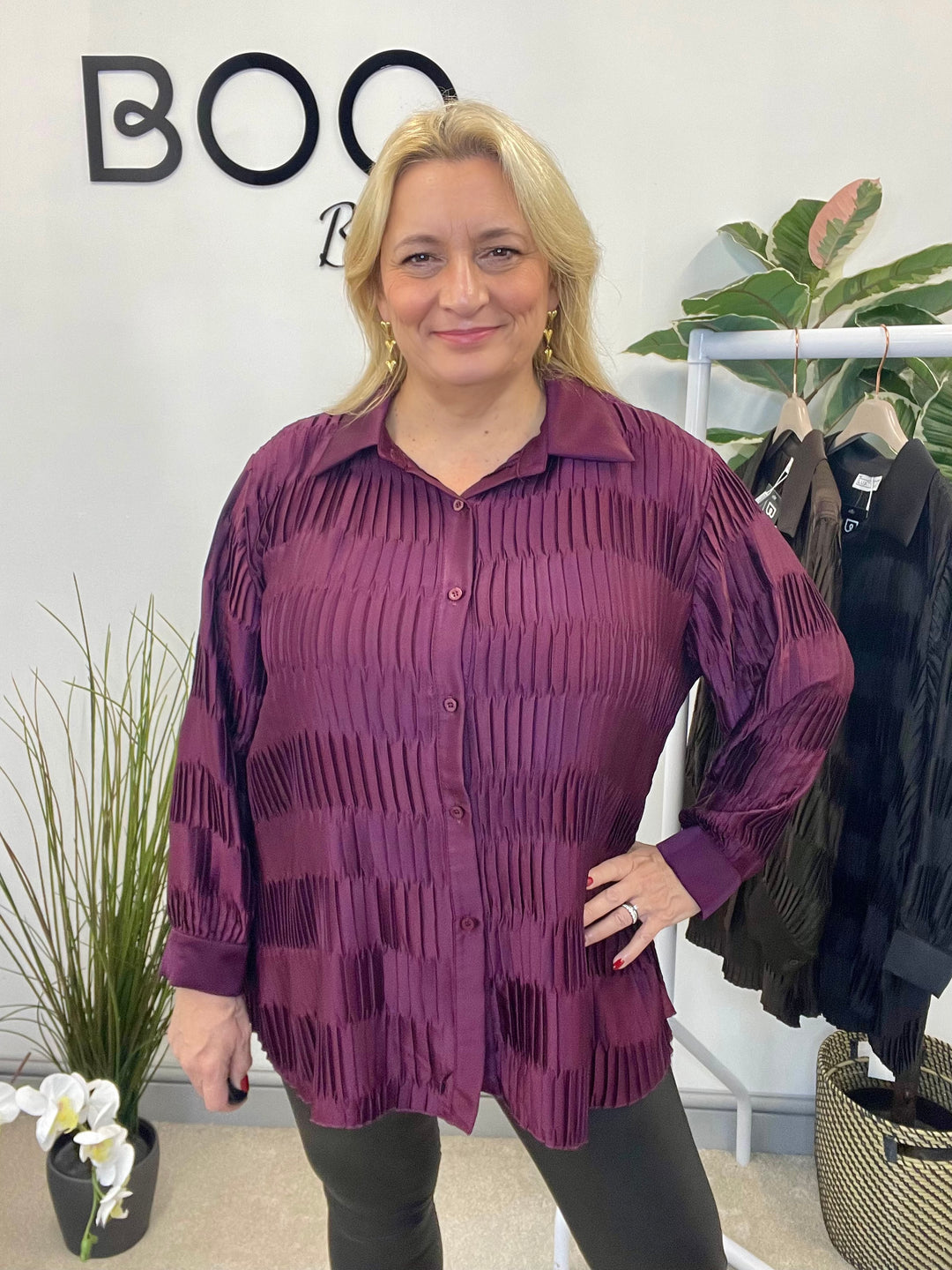 LADIES PLEATED OVERSIZE SHIRT BLOUSE - BLACK, PLUM & BROWN