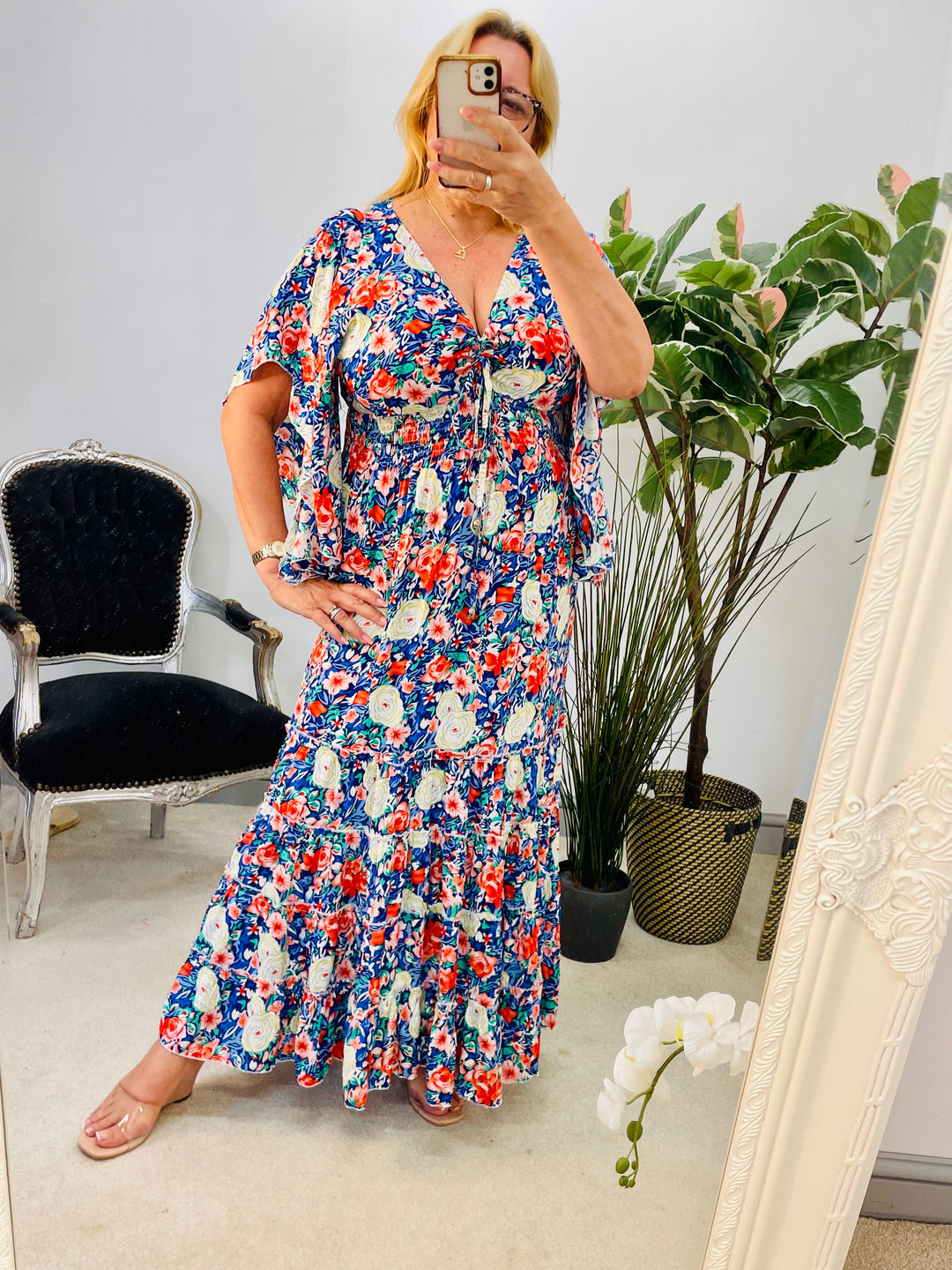 LADIES BOHO SUMMER BLUE & RED FLORAL PRINT MAXI DRESS