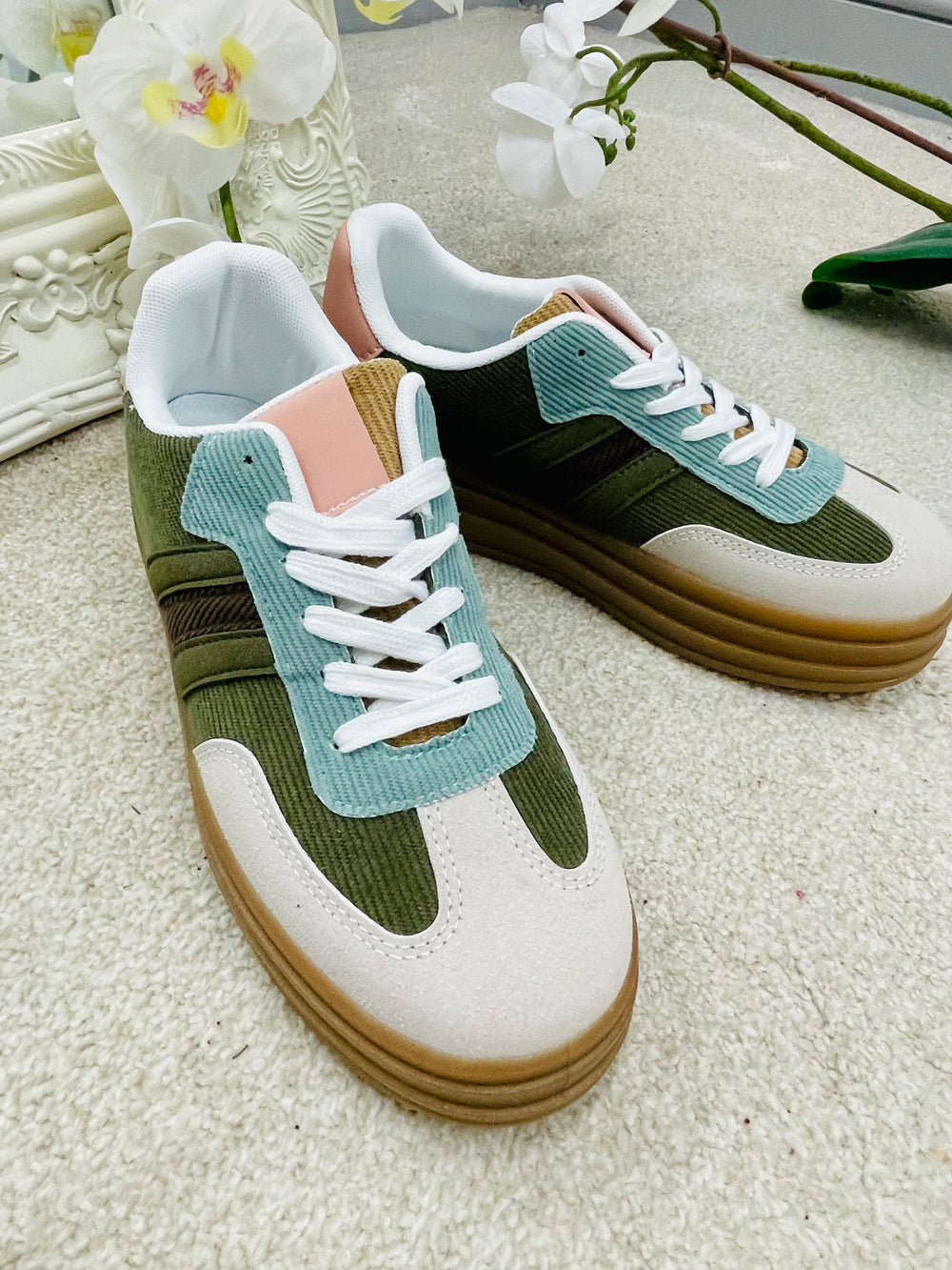 LADIES WOMENS KHAKI FLATFORM TRAINERS 
