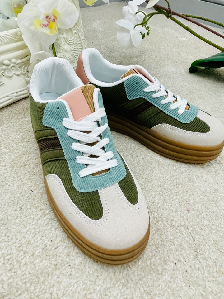LADIES WOMENS KHAKI FLATFORM TRAINERS 