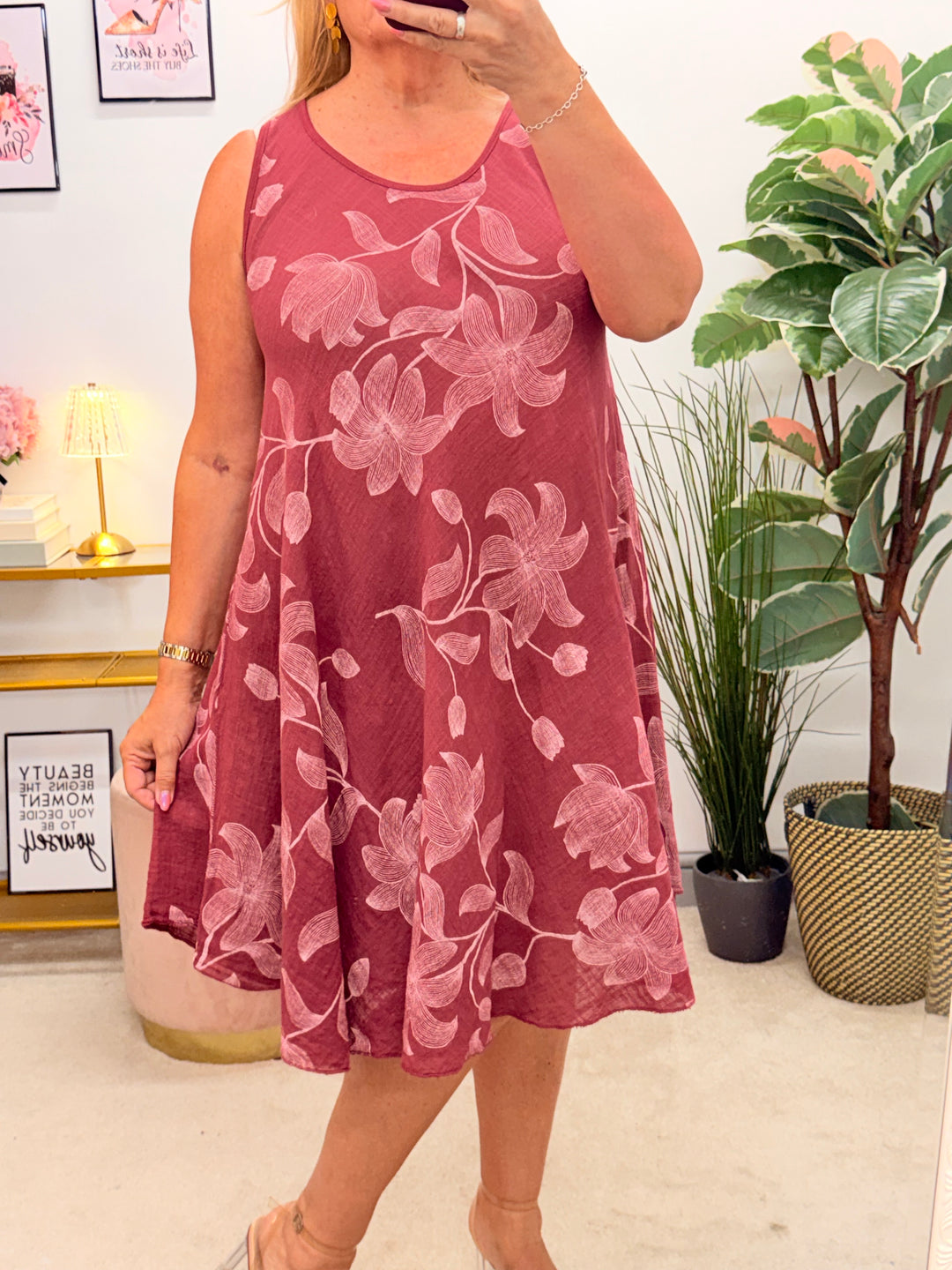 Ladies Light Linen Summer Day Midi Dress - White & Burgundy