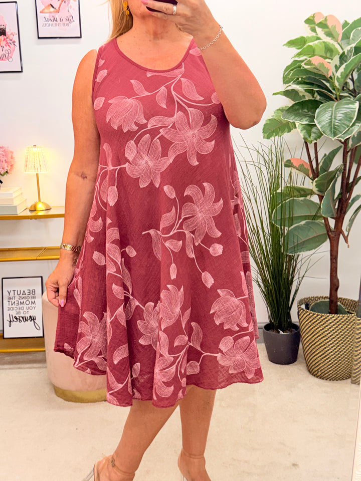 Ladies Light Linen Summer Day Midi Dress - White & Burgundy