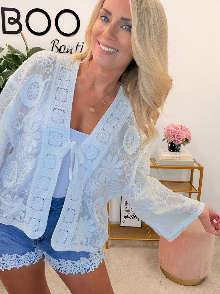 Ladies White Embroidered Bolero Kimono Cardigan