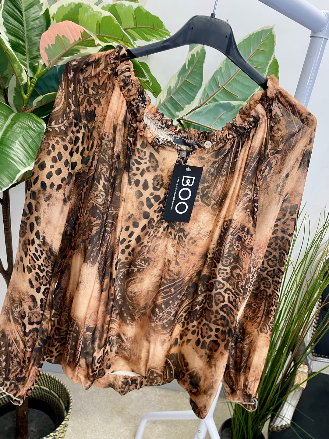 LADIES ANIMAL PRINT CHIFFON BARDOT TOP - CAMEL & BROWN