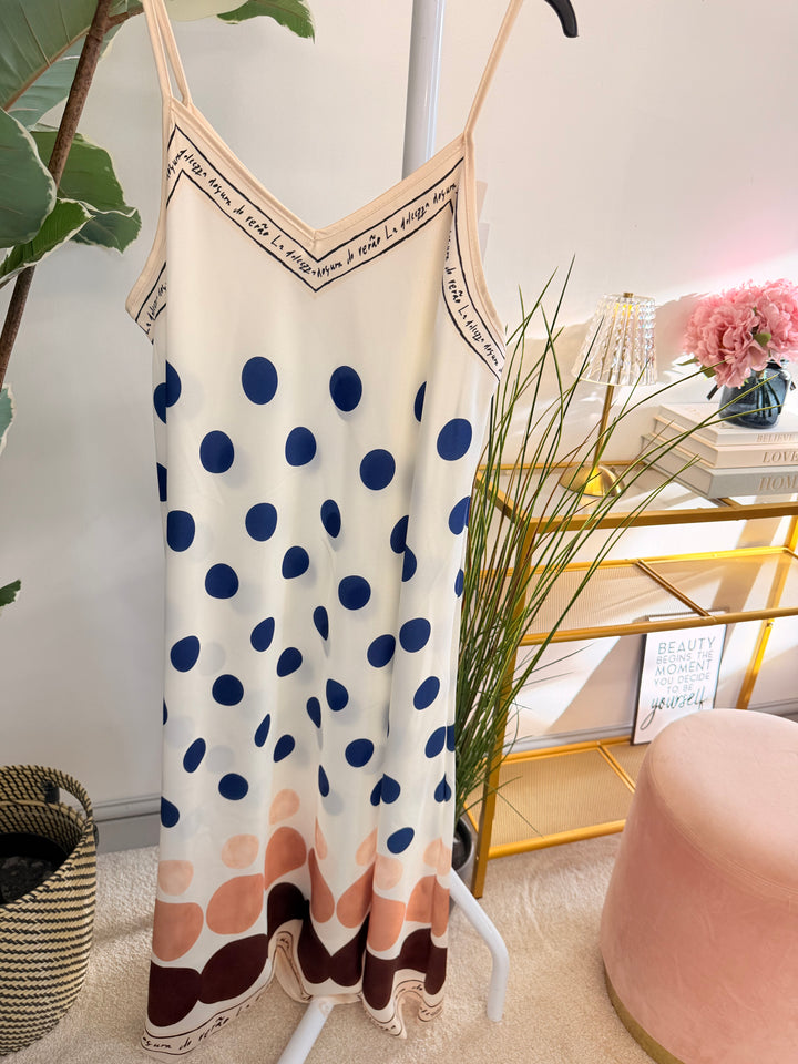 Ladies Polka Dot Satin Summer Cami Maxi Dress - Cream, Blue & Pink