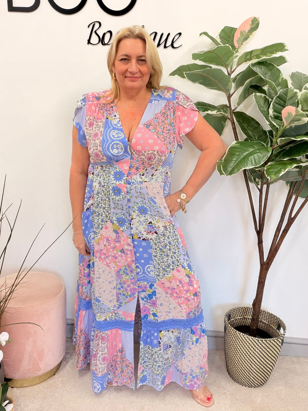 Ladies Fashion Pink Lilac Patchwork Summer Maxi Dress