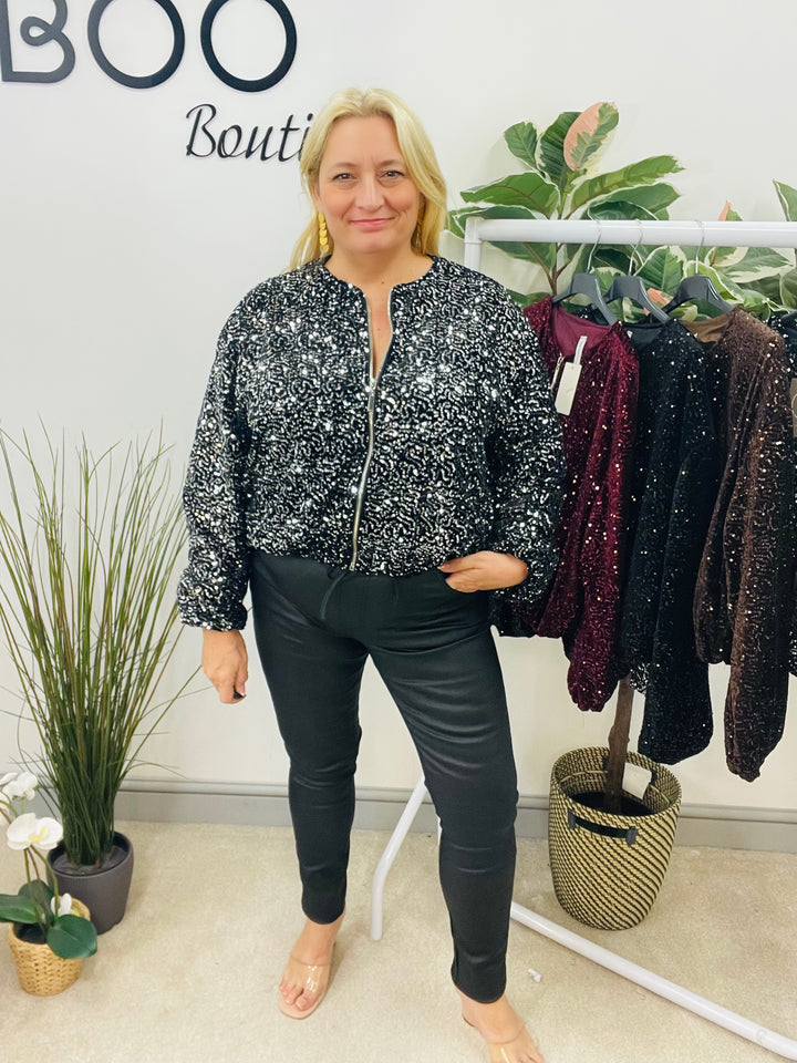 LADIES SEQUIN BOMBER JACKET - BLACK, SILVER, BERRY, BROWN
