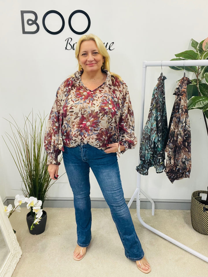 LADIES LEAF PRINT HIGH NECK BLOUSE - BEIGE, BROWN, TEAL