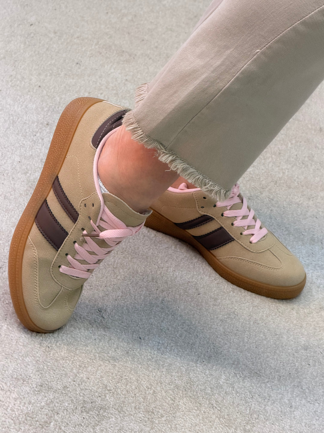 Ladies Fashion Beige Faux Suede Inspired Stripe Trainers