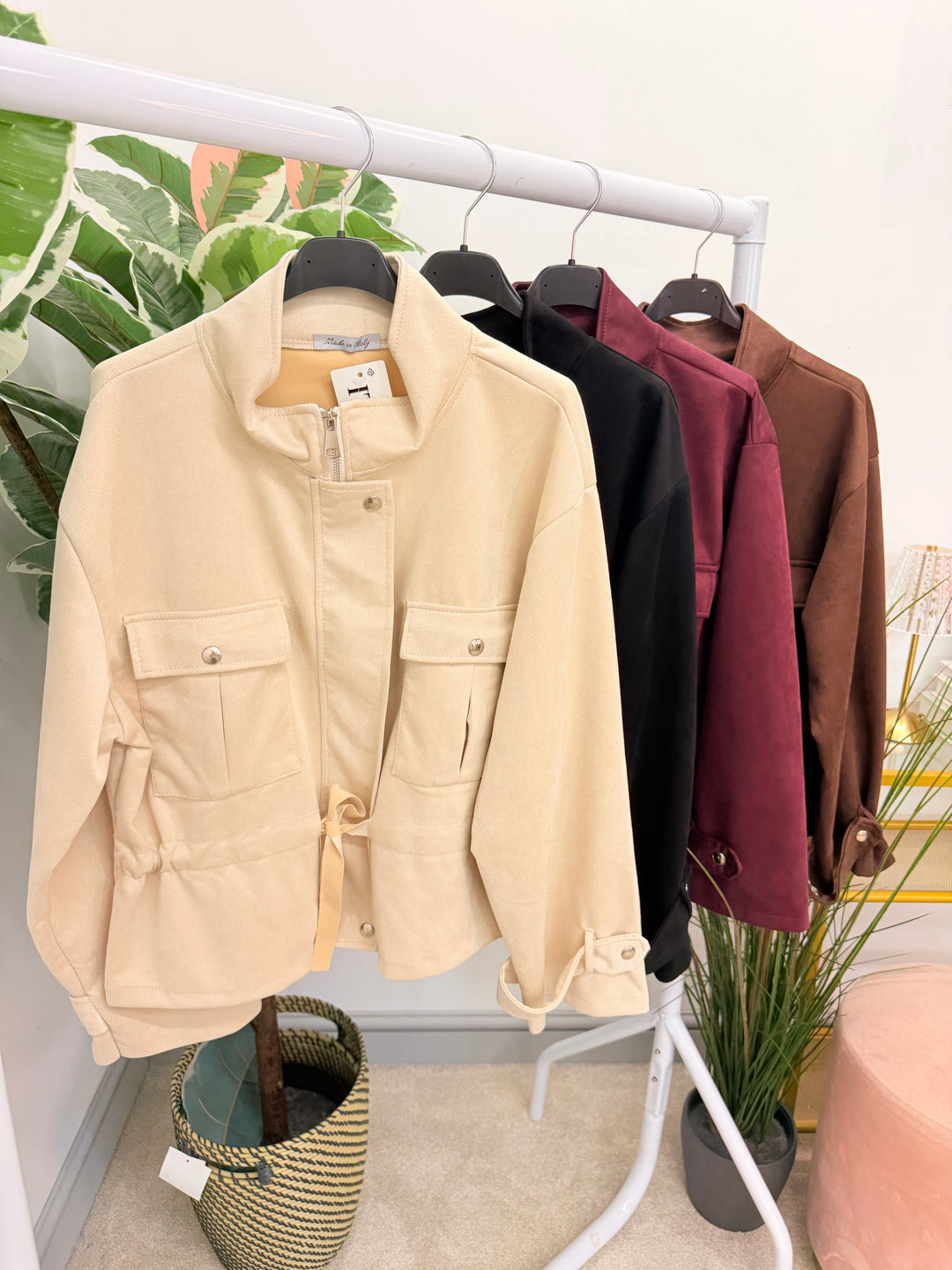 Ladies Fashion Faux Suede Short Safari Jacket - Brown, Black, Wine & Beige