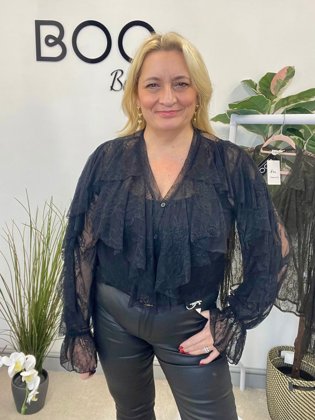 LADIES SHEER NET FRILL BLOUSE SHIRT - BLACK & BROWN