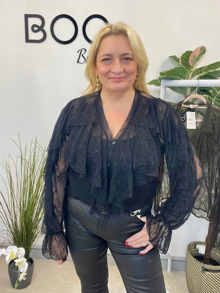 LADIES SHEER NET FRILL BLOUSE SHIRT - BLACK & BROWN