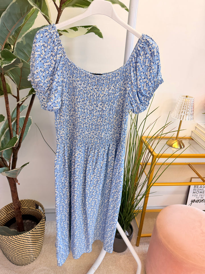 Ladies Daisy Print Sheered Bust Summer Day Dress - Turquoise, Denim Blue & Pink