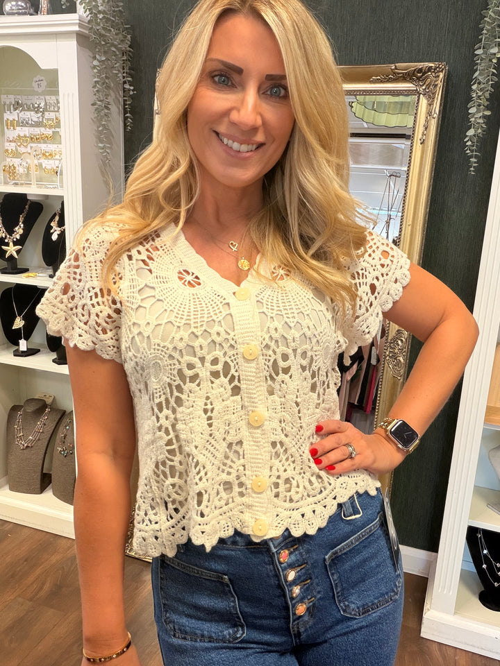 Ladies Crochet Bolero Cardigan - Beige, Black & White