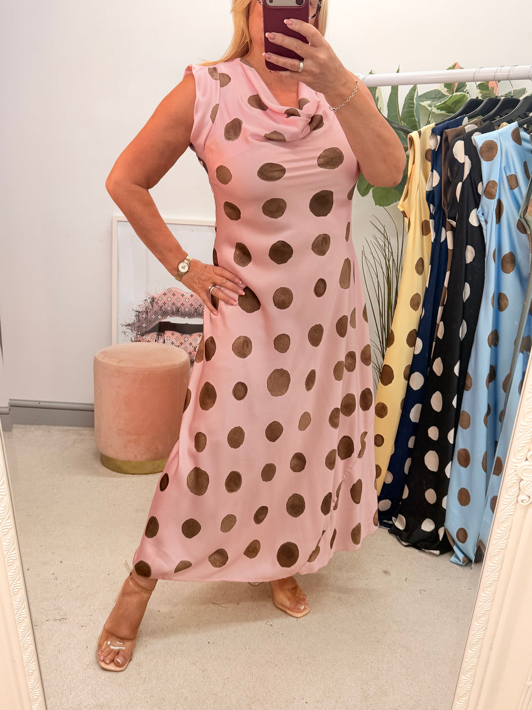 Ladies Satin Polka Dot Sheath Dress - Lemon, Black, Pink, Khaki, Navy, Black & Blue