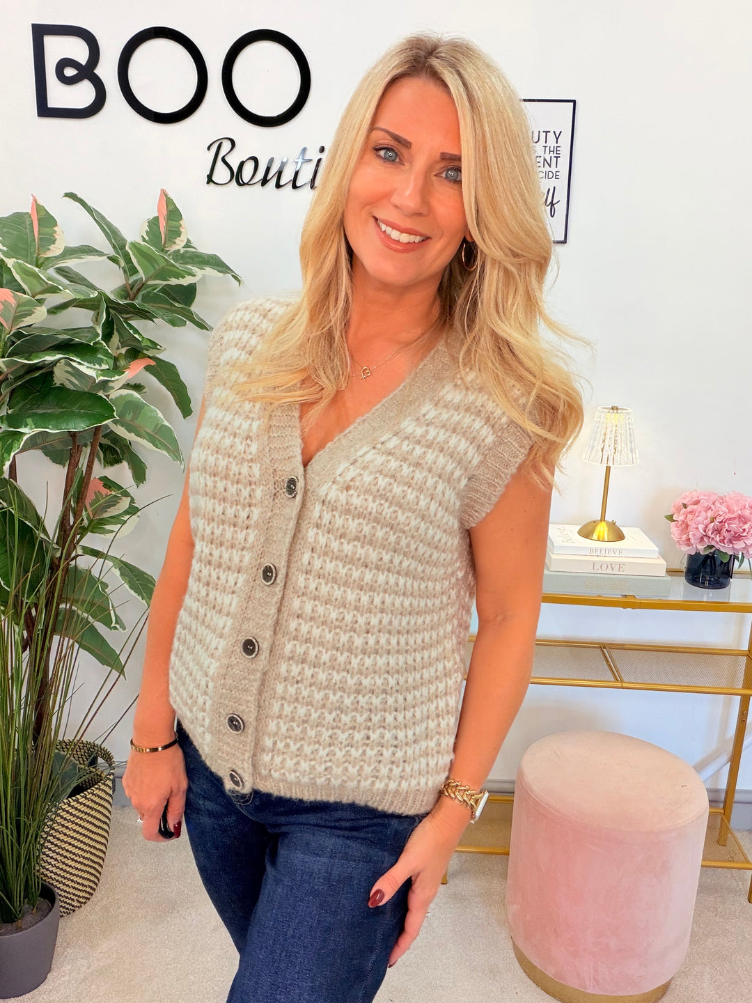 Women’s herringbone knit waistcoat - navy, beige, black, mocha & brown