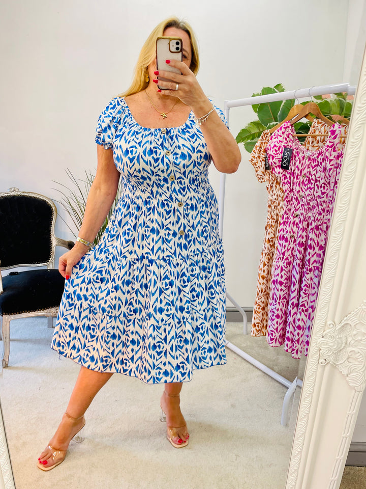 LADIES SUMMER MIDI DAY DRESS - PINK, BLUE, BROWN