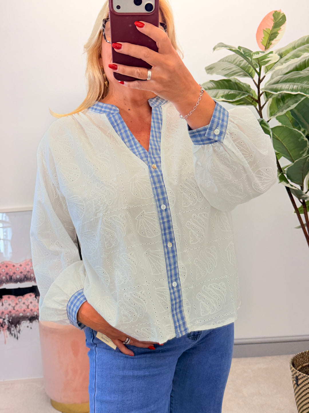 Ladies Fashion White Broderie Anglaise Denim Detail Blouse To