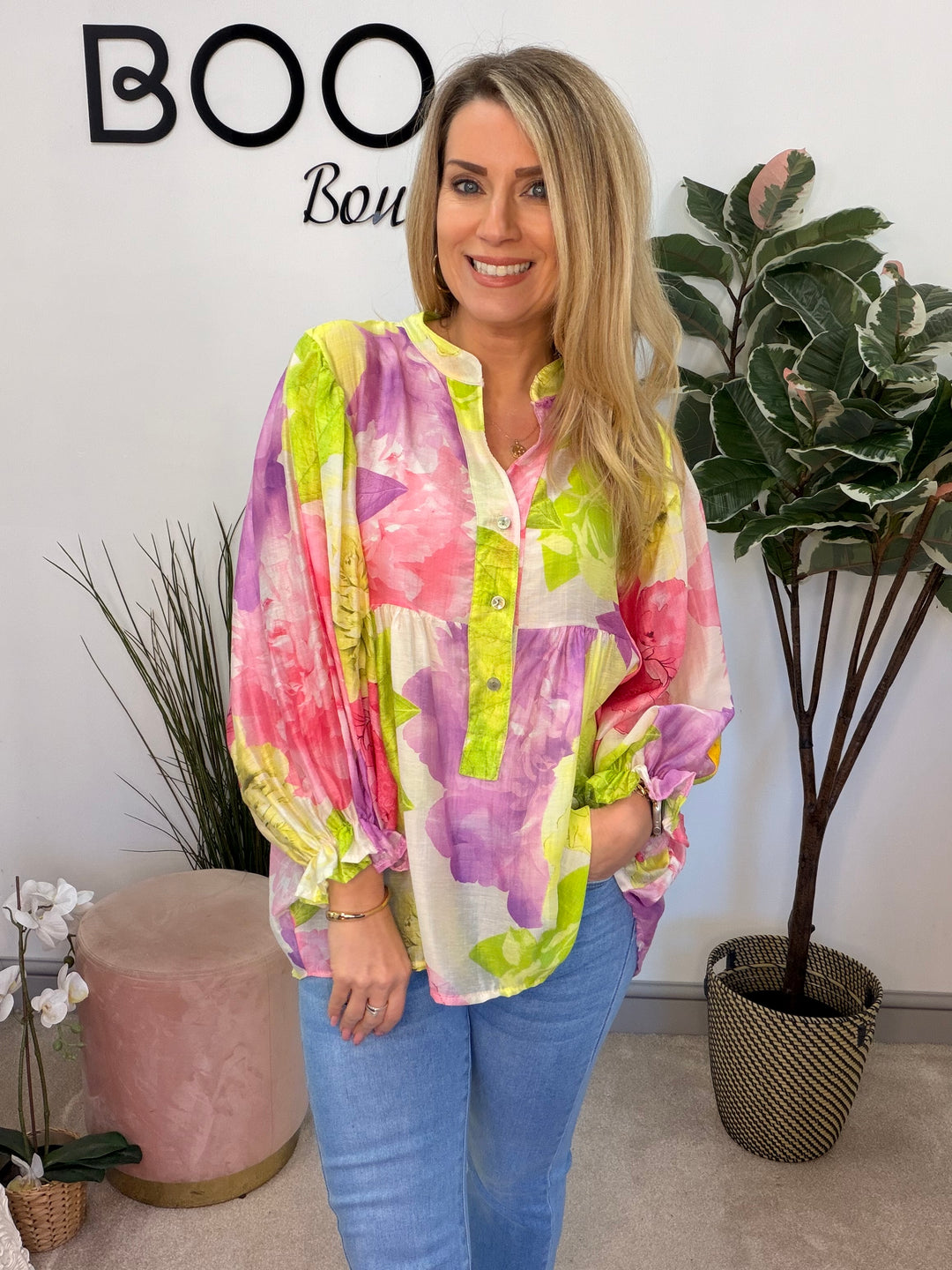 Ladies Fashion Boho Style Grandad Shirt - pink and khaki