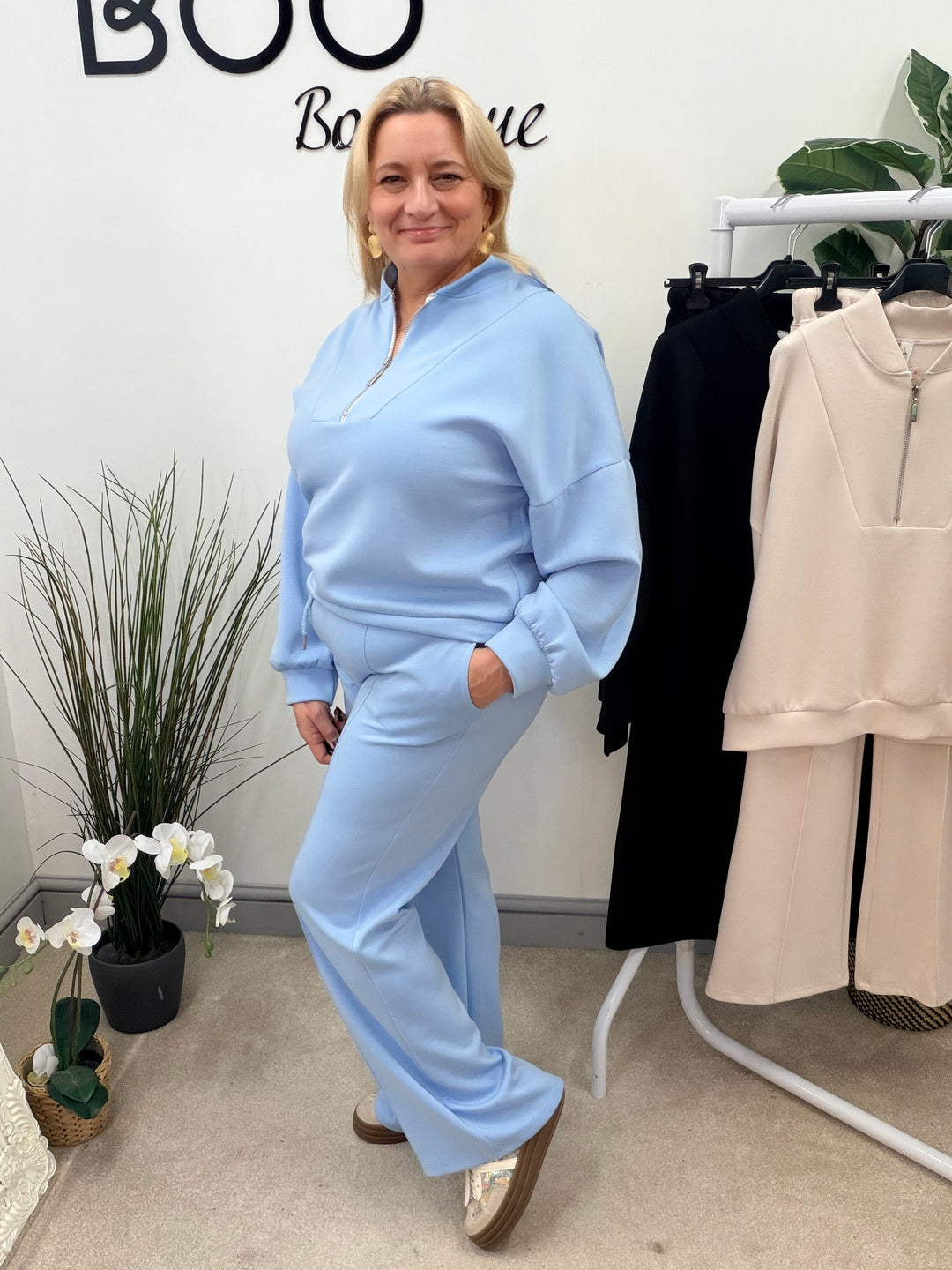 LADIES FASHION STRAIGHT LEG TROUSER CO ORD SET - BLUE, BEIGE & BLACK