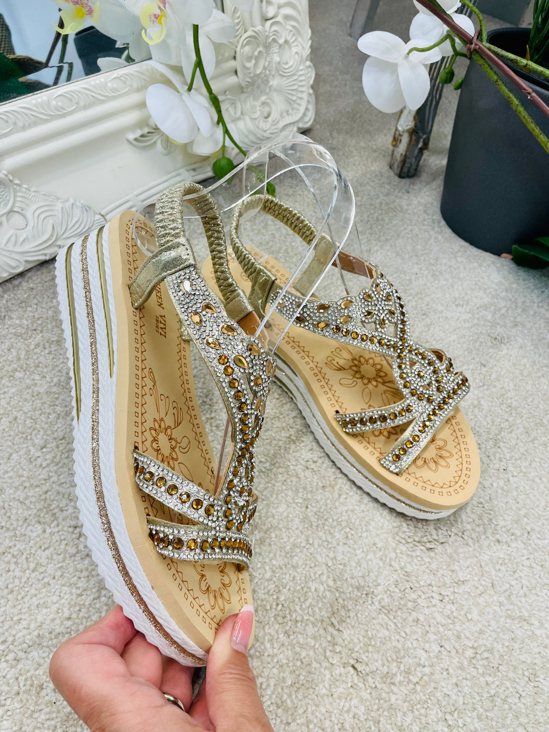 LADIES GOLD DIAMANTE SPARKLY SUMMER SANDALS