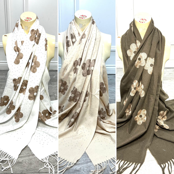 LADIES SPARKLY FLOWER SCARF - BROWN, WHITE & BEIGE