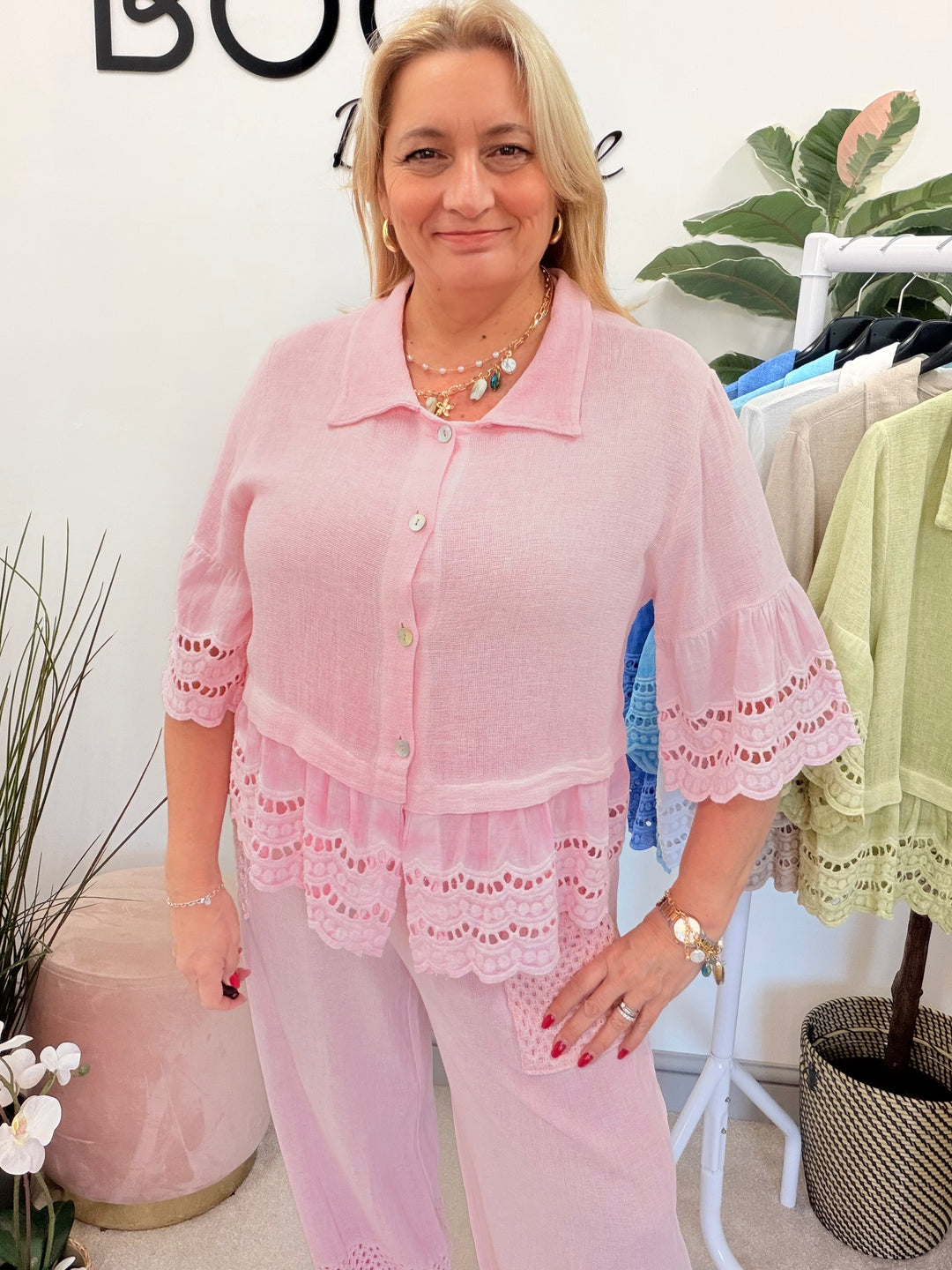 Ladies Fashion Broderie Anglaise Teabag Linen Top candy pink