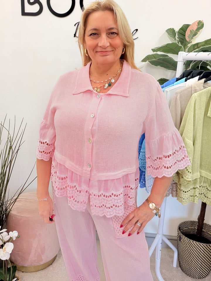 Ladies Fashion Broderie Anglaise Teabag Linen Top candy pink