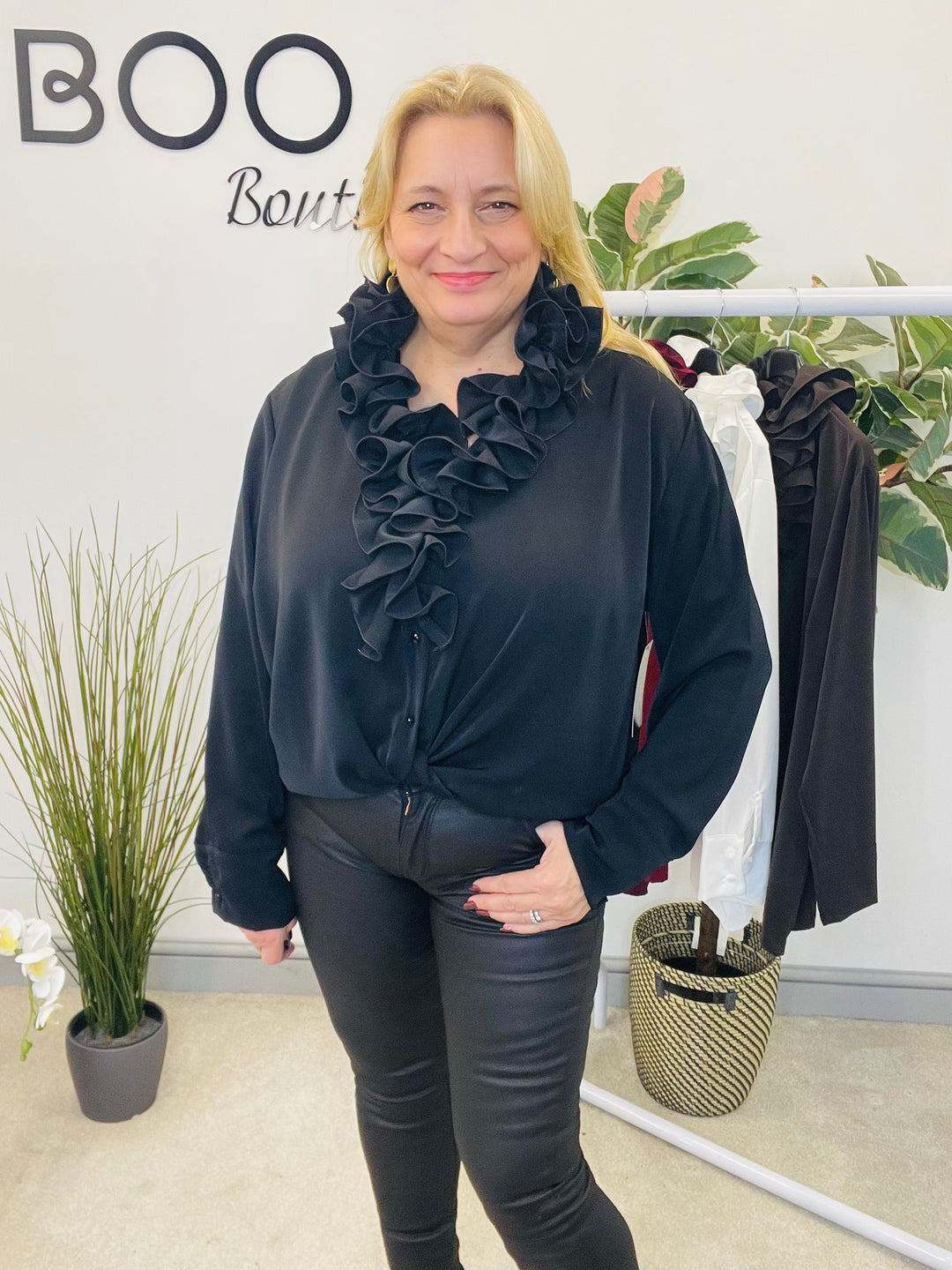 LADIES RUFFLE FRILL BLOUSE SHIRT - WHITE, BLACK, BROWN & BERRY