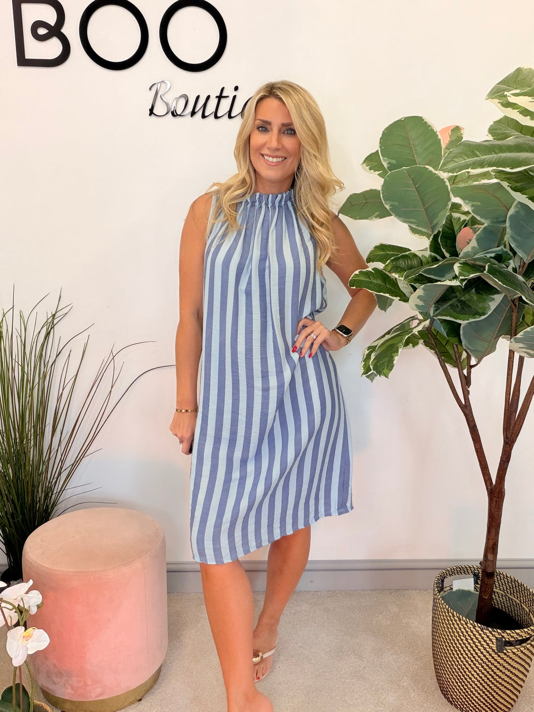 Ladies Candy Stripe High Neck Summer Sun Dress - Brown, Blue, Mint & Pink